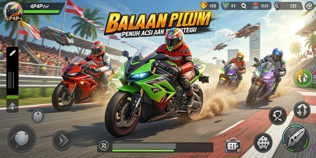 Screenshot gameplay 4P4P dengan aksi balapan motor yang mendebarkan.