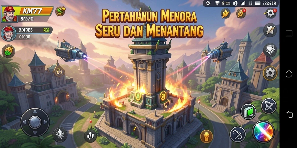 Screenshot gameplay KM777 yang menampilkan pertempuran menara yang seru.