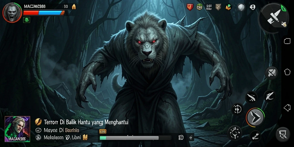 Tampilan gameplay seram dari MACAN388 dengan hantu yang mengintimidasi.
