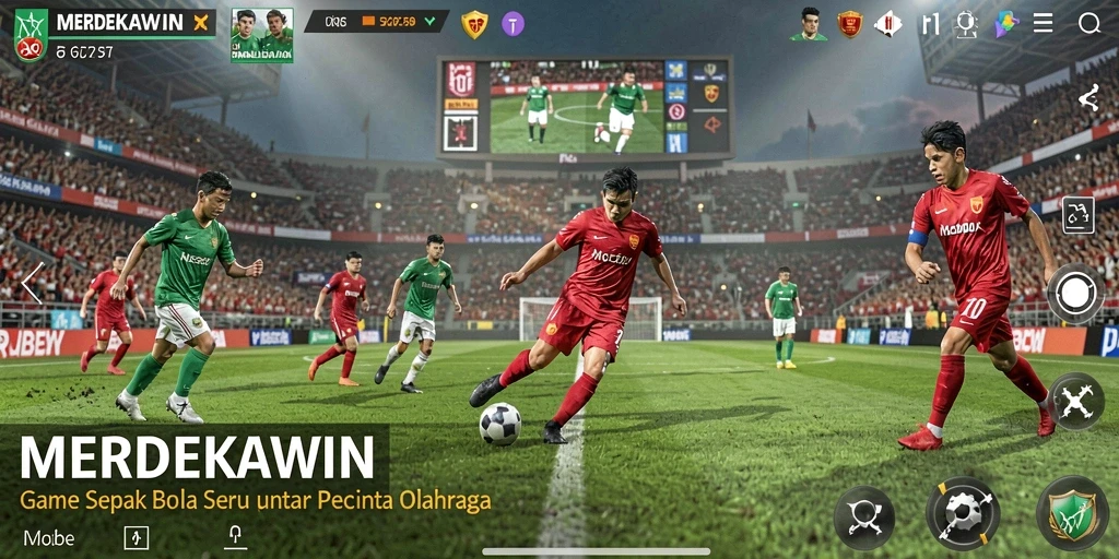 Screenshot MERDEKAWIN menampilkan aksi pertarungan di lapangan sepak bola yang mendebarkan.