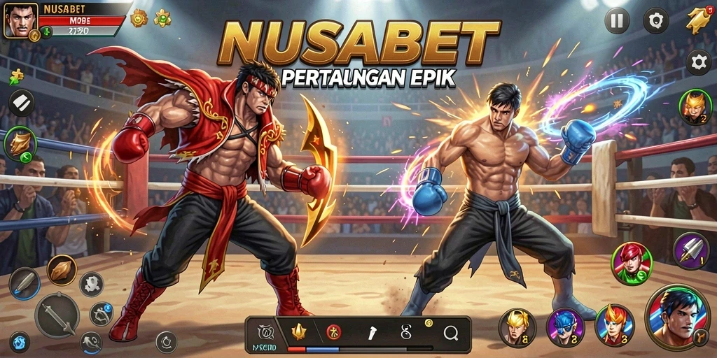 Tangkapan layar NUSABET menampilkan pertarungan seru antara karakter di arena.