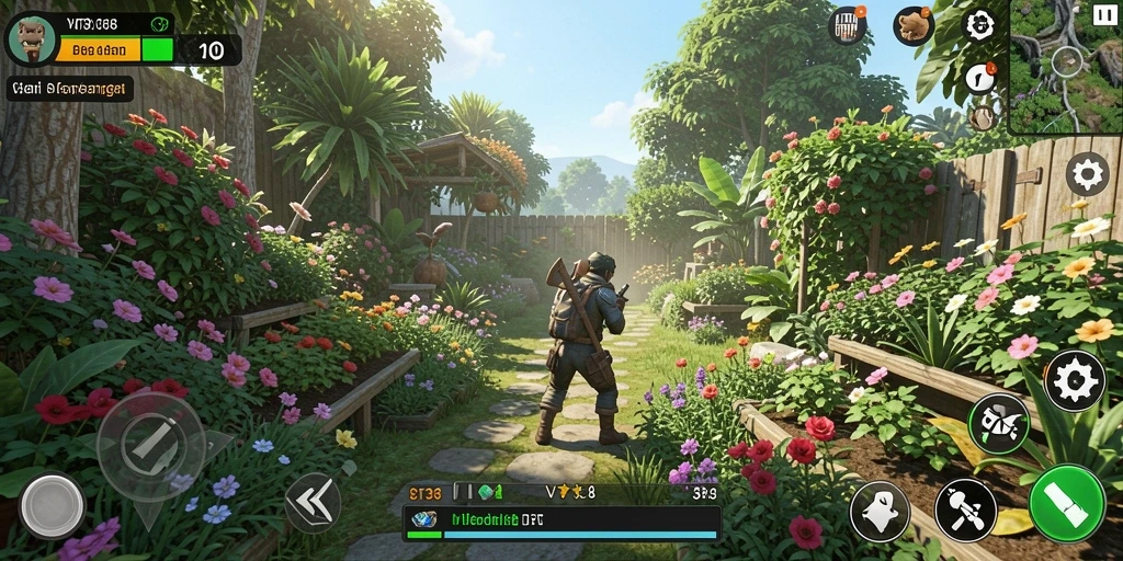 Tampilan gameplay VT38 menunjukkan ladang hijau subur dan aktivitas berkebun yang seru.